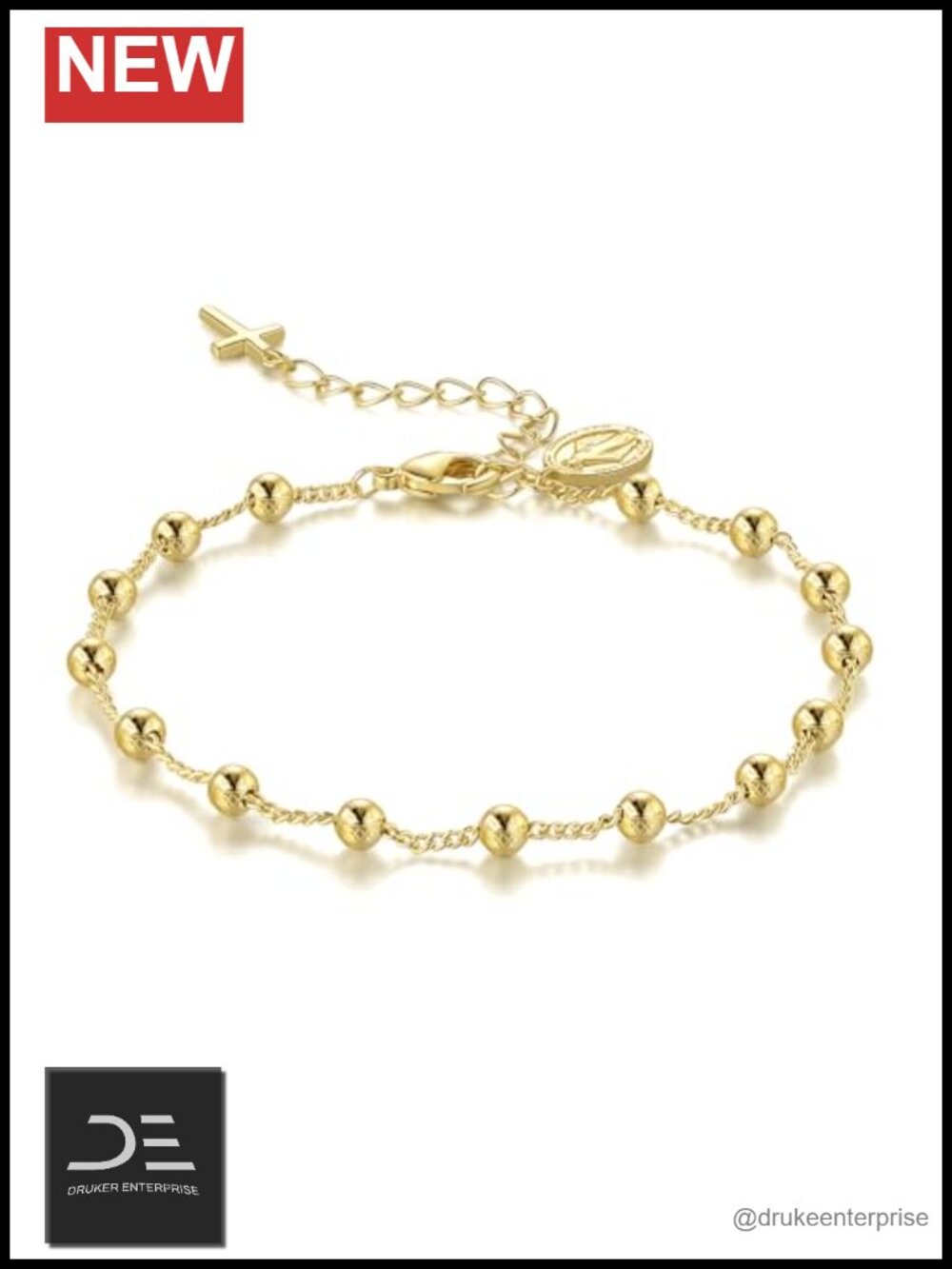 14k gold plated beaded bracelet Vrigin Mary cross charm Women link bracelet